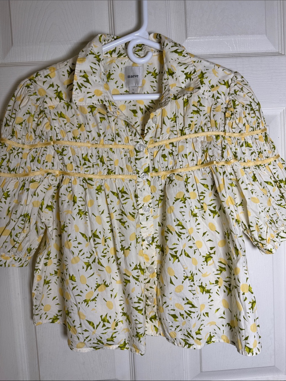 Maeve The Leandra Shirred Yoke Floral Puff-Sleeve Cropped Blouse Sz Large